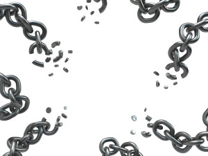 Chains break, dark metal 3d illustration, horizontal, isolated, over white
